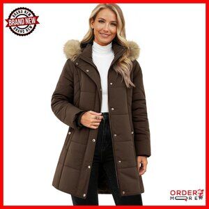 Women's Winter Puffer Coat with Removable Hood, Thigh Length, Water Resistant